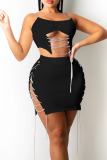 Black Sexy Solid Hollowed Out Patchwork Chains Asymmetrical Spaghetti Strap Sleeveless Two Pieces