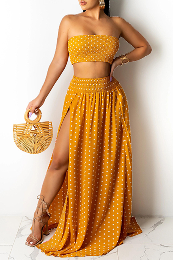 Yellow Sexy Dot High Opening Strapless Sleeveless Two Pieces