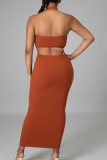 Brown Sexy Solid Hollowed Out Patchwork Half A Turtleneck Pencil Skirt Dresses