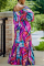 Red Fashion Casual Long Sleeve Bateau Neck Off The Shoulder Short Print Two Pieces