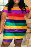 Rainbow Color Fashion Casual Striped Print Basic O Neck Plus Size Two Pieces