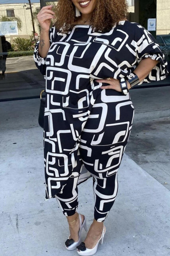 Black Fashion Casual Print Basic O Neck Plus Size Two Pieces