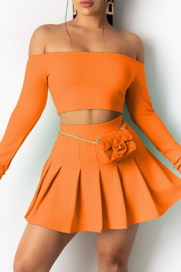 Orange Sexy Solid Patchwork Off the Shoulder Long Sleeve Two Pieces