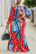 Red Fashion Casual Long Sleeve Bateau Neck Off The Shoulder Short Print Two Pieces