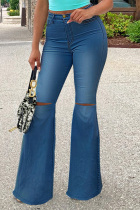 Blue Fashion Casual Solid Ripped Plus Size Jeans
