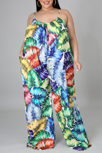 Green Casual Print Patchwork Spaghetti Strap Plus Size Jumpsuits
