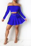 Blue Sexy Solid Patchwork Off the Shoulder Long Sleeve Two Pieces