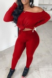 Red Fashion Casual Solid Basic Oblique Collar Long Sleeve Two Pieces