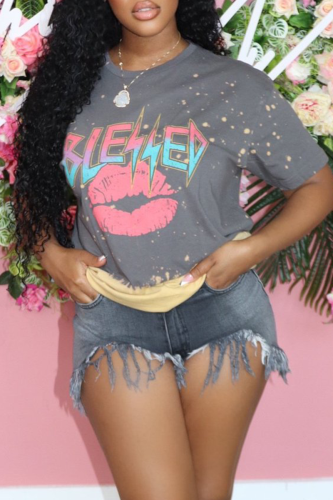 Grey Casual Print Patchwork O Neck T-Shirts