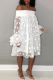White Trendy Dew Shoulder Polka Dot Transparency Mid Calf A Line Dress