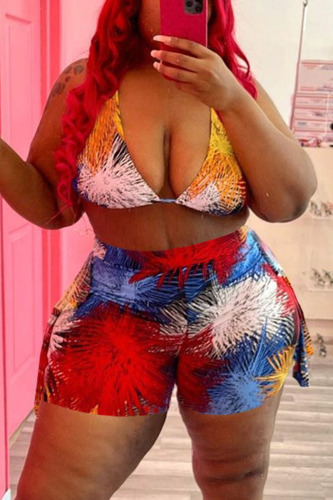 Colour Sexy Print Patchwork Frenulum Halter Plus Size Two Pieces