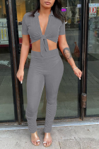 Grey Sexy Solid Split Joint Turndown Collar Short Sleeve Two Pieces