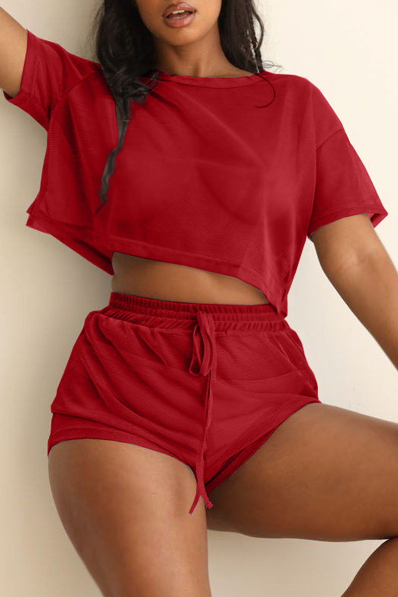 

Red Casual Solid Patchwork O Neck Short Sleeve Two Pieces