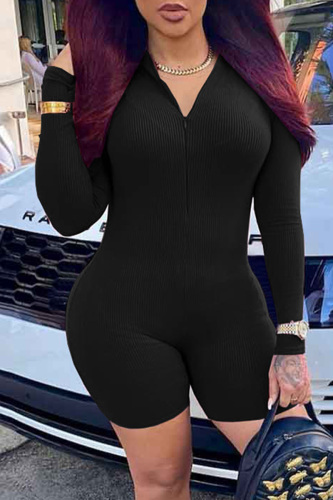 Black Fashion Casual Solid Basic Zipper Collar Skinny Romper