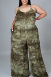 Green Casual Print Patchwork Spaghetti Strap Plus Size Jumpsuits