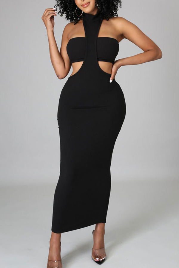 Black Sexy Solid Hollowed Out Patchwork Half A Turtleneck Pencil Skirt Dresses