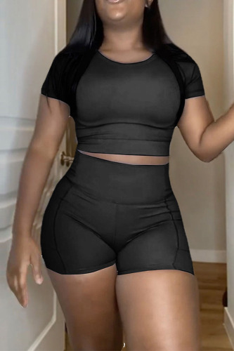 Black Sportswear Solid Patchwork O Neck Short Sleeve Two Pieces