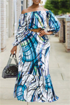 White Fashion Casual Long Sleeve Bateau Neck Off The Shoulder Short Print Two Pieces