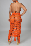 Tangerine Red Sexy Solid Hollowed Out Patchwork Swimwears