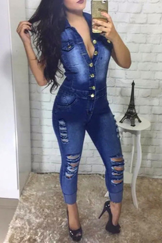 The cowboy blue Fashion Casual Solid Ripped Buttons Turndown Collar Regular Jumpsuits