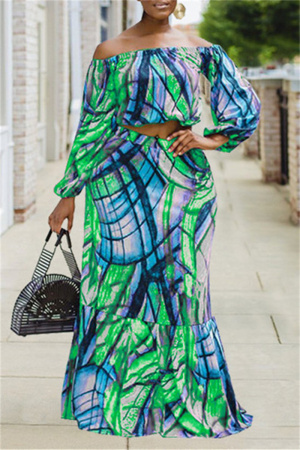 Green Fashion Casual Long Sleeve Bateau Neck Off The Shoulder Short Print Two Pieces