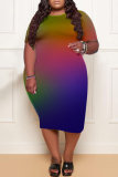 Multicolor Fashion Casual Plus Size Gradual Change Print Basic O Neck Short Sleeve Dress