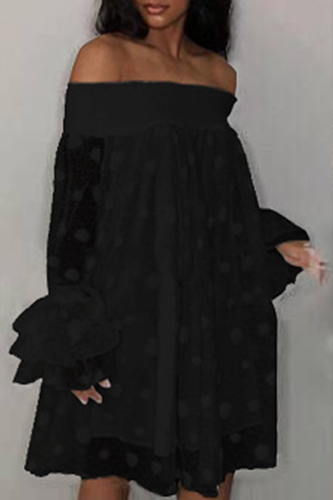 Black Trendy Dew Shoulder Polka Dot Transparency Mid Calf A Line Dress