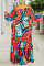 Red Fashion Casual Long Sleeve Bateau Neck Off The Shoulder Short Print Two Pieces