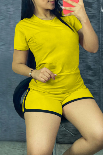 Yellow Fashion Casual Solid Basic O Neck Short Sleeve Two Pieces