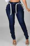 Medium Blue Fashion Casual Solid Bandage Hollowed Out Plus Size Jeans