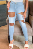 Deep Blue Fashion Casual Solid Ripped High Waist Jeans