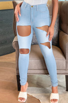 Light Blue Fashion Casual Solid Ripped High Waist Jeans