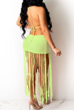Fluorescent Green Sexy Solid Tassel Hollowed Out Patchwork Backless Swimwears Cover Up