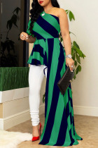 Green Street Striped Print Patchwork Asymmetrical Oblique Collar Irregular Dress Dresses