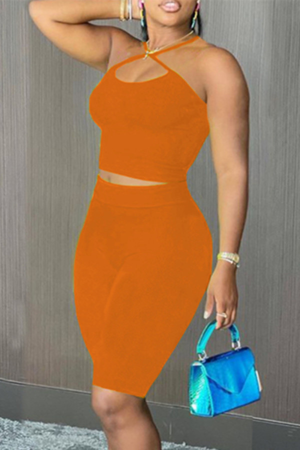 Orange Sexy Casual Solid Backless Halter Sleeveless Two Pieces