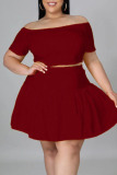 Burgundy Casual Solid Patchwork Off the Shoulder A Line Plus Size Two Pieces