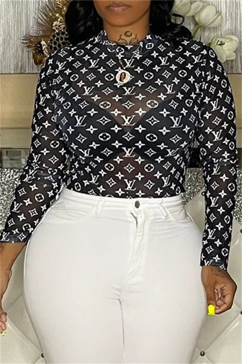 

Black Fashion Sexy Print See-through O Neck Tops