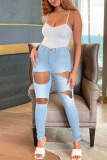 Light Blue Fashion Casual Solid Ripped High Waist Jeans