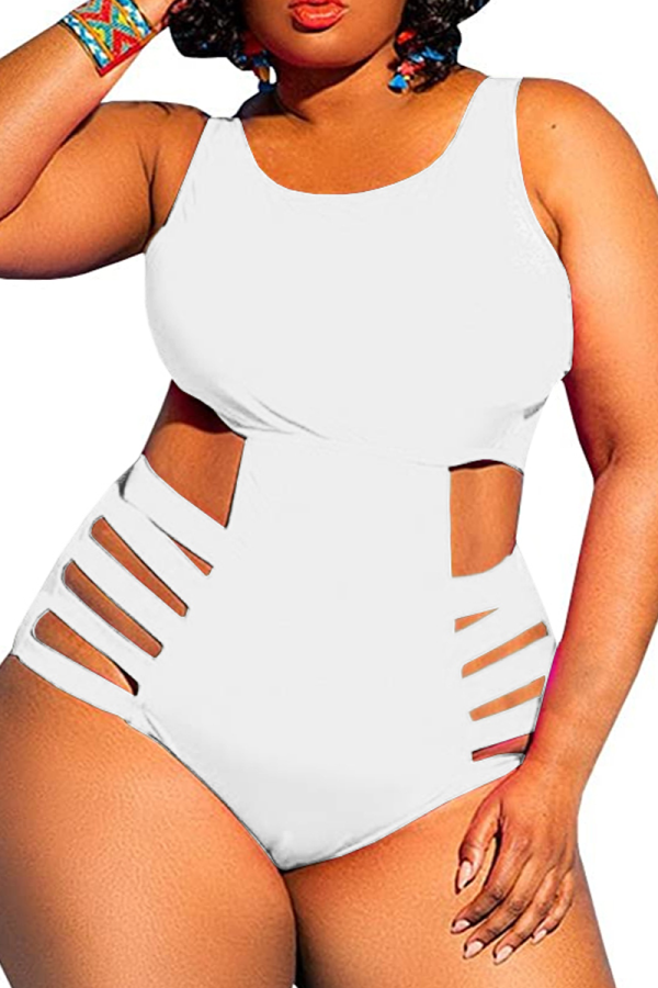 White Sexy Solid Hollowed Out U Neck Plus Size Swimwear