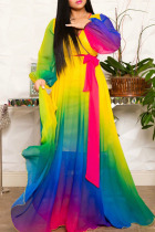 Multi-color Elegant Print Bandage Split Joint V Neck Printed Dress Dresses