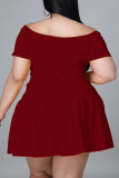 Burgundy Casual Solid Patchwork Off the Shoulder A Line Plus Size Two Pieces