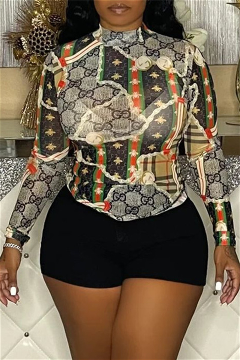 

Orange Fashion Sexy Print See-through O Neck Tops