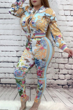 Color Fashion Casual Printing Zipper Two-piece Set