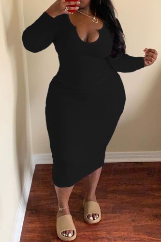 Black Fashion Casual Solid Basic U Neck Long Sleeve Dresses