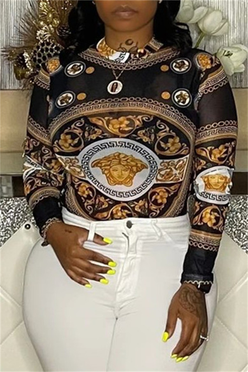 

Yellow Fashion Sexy Print See-through O Neck Tops