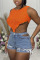 Tangerine Red Sexy Solid Patchwork Asymmetrical O Neck Tops
