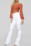 White Fashion Casual Solid Ripped High Waist Regular Jeans