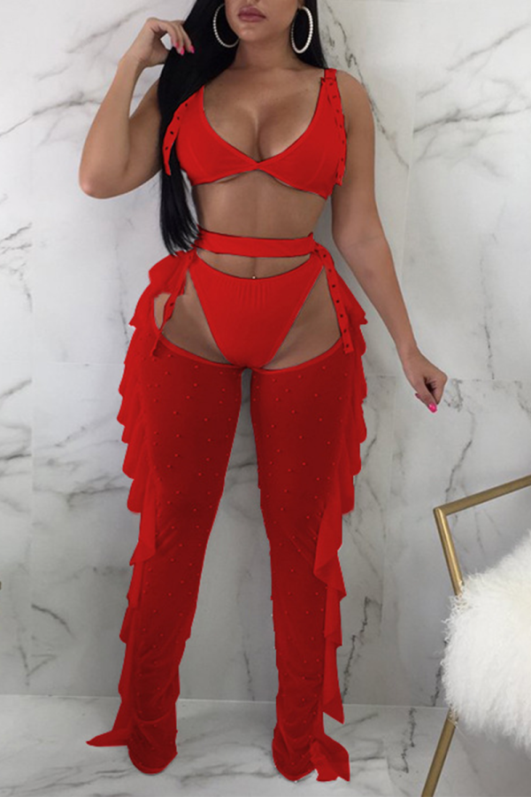 Red Sexy Solid Hot Drilling Patchwork Mesh Swimwears