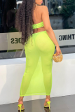 Fluorescent Green Sexy Solid Mesh Halter Pencil Skirt Dresses