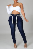 Deep Blue Fashion Casual Solid Bandage Hollowed Out Plus Size Jeans